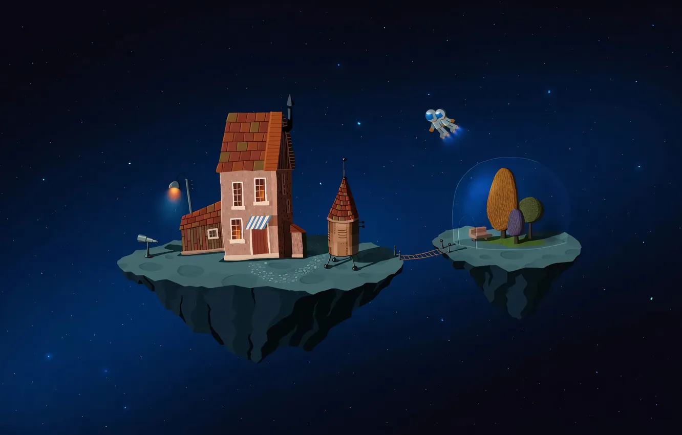 Photo wallpaper space, night, island, house, vladstudio