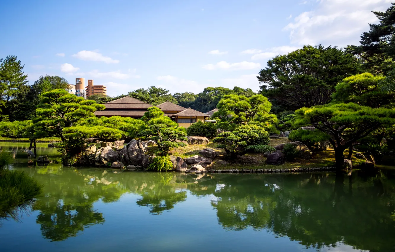 Photo wallpaper trees, nature, pond, photo, Japan, garden, Takamatsu, Japan Ritsurin garden