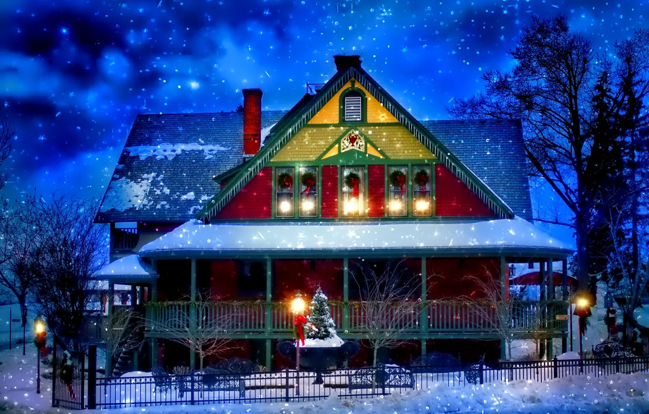 Photo wallpaper light, snow, decoration, trees, lights, house, holiday, the fence