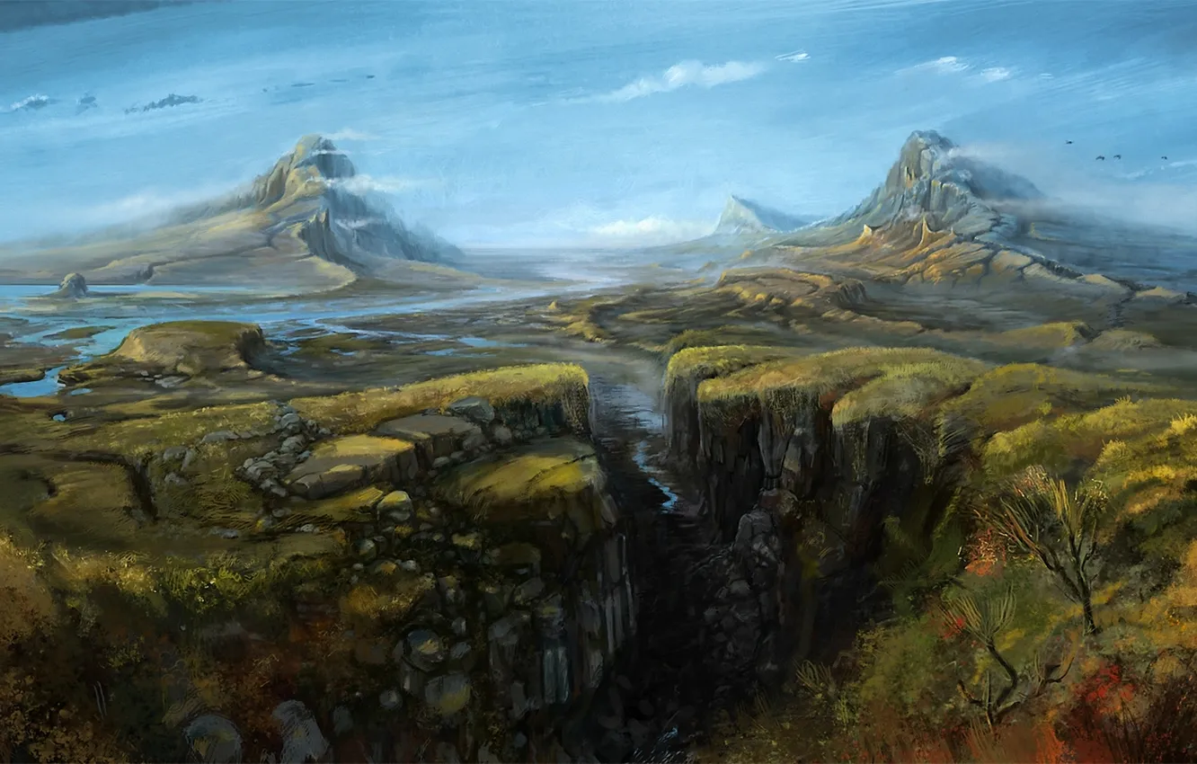 Photo wallpaper landscape, mountains, river, open, waterfall, valley, art