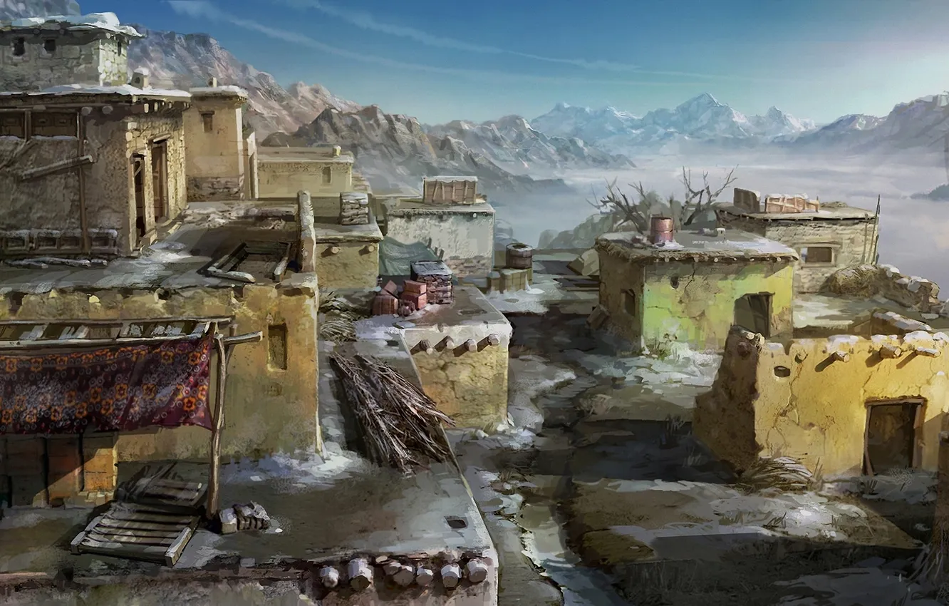 Photo wallpaper cold, winter, snow, mountains, village, art, canopy, buildings