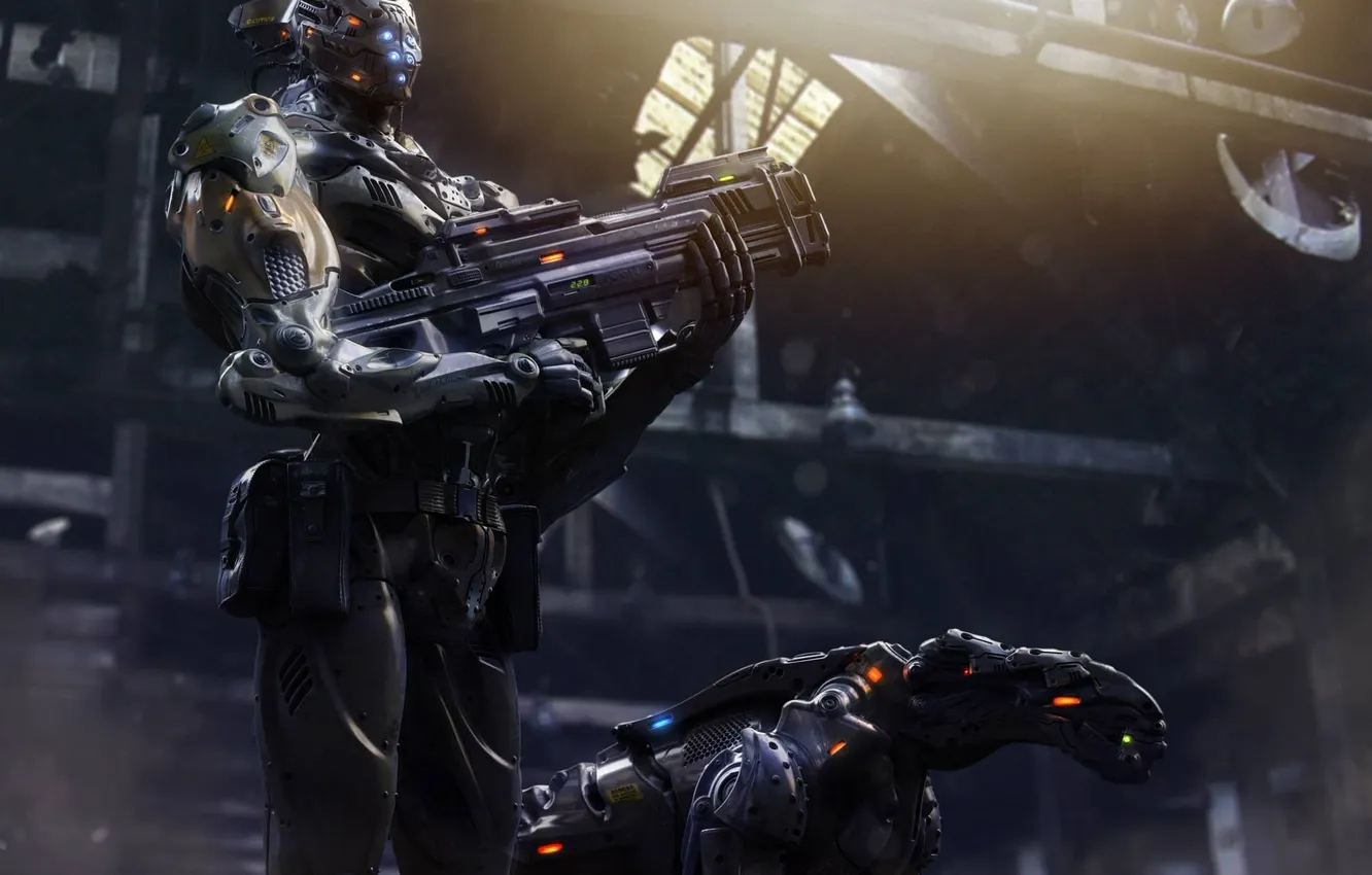 Photo wallpaper metal, weapons, robot, dog, art, beast