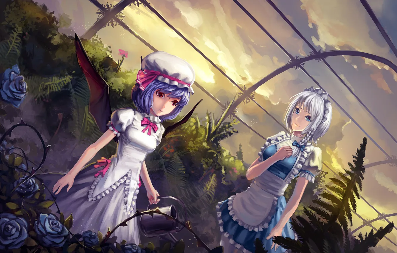 Photo wallpaper girl, flowers, roses, wings, art, lake, touhou, greenhouse