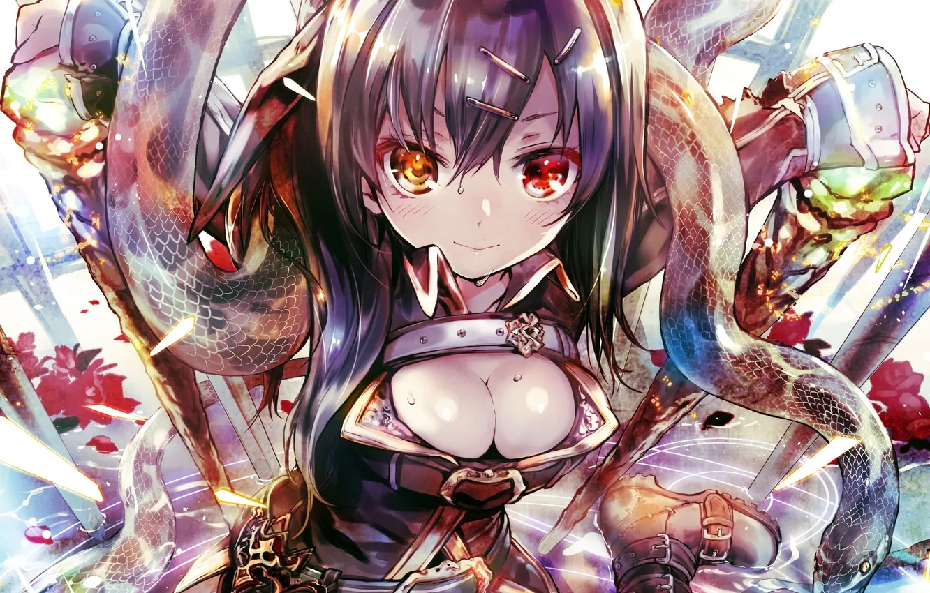 Photo wallpaper chest, water, girl, flowers, snake, anime, petals, art