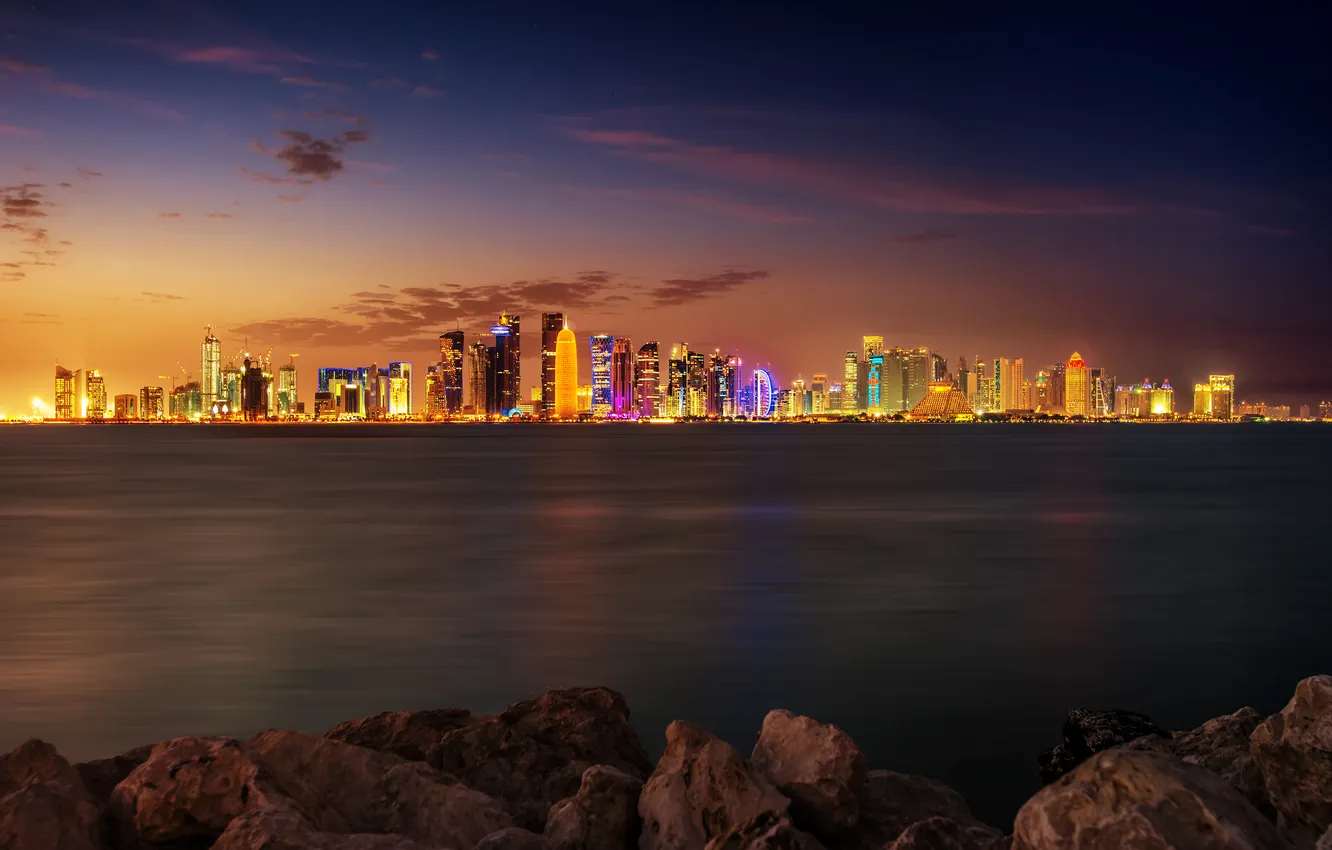 Photo wallpaper night, the city, lights, panorama, Qatar, Doha, Museum of Islamic Art park