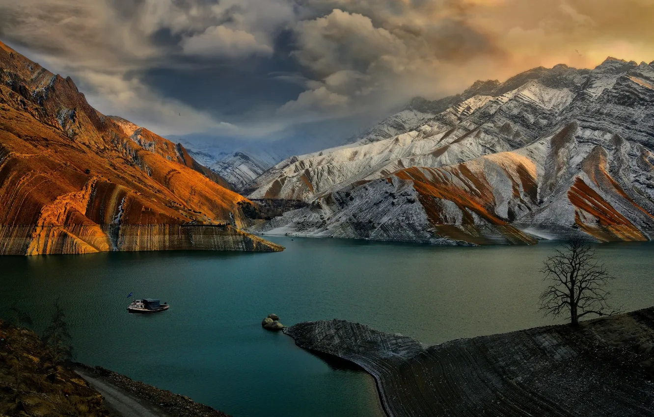 Photo wallpaper landscape, sunset, mountains, clouds, lake, boat