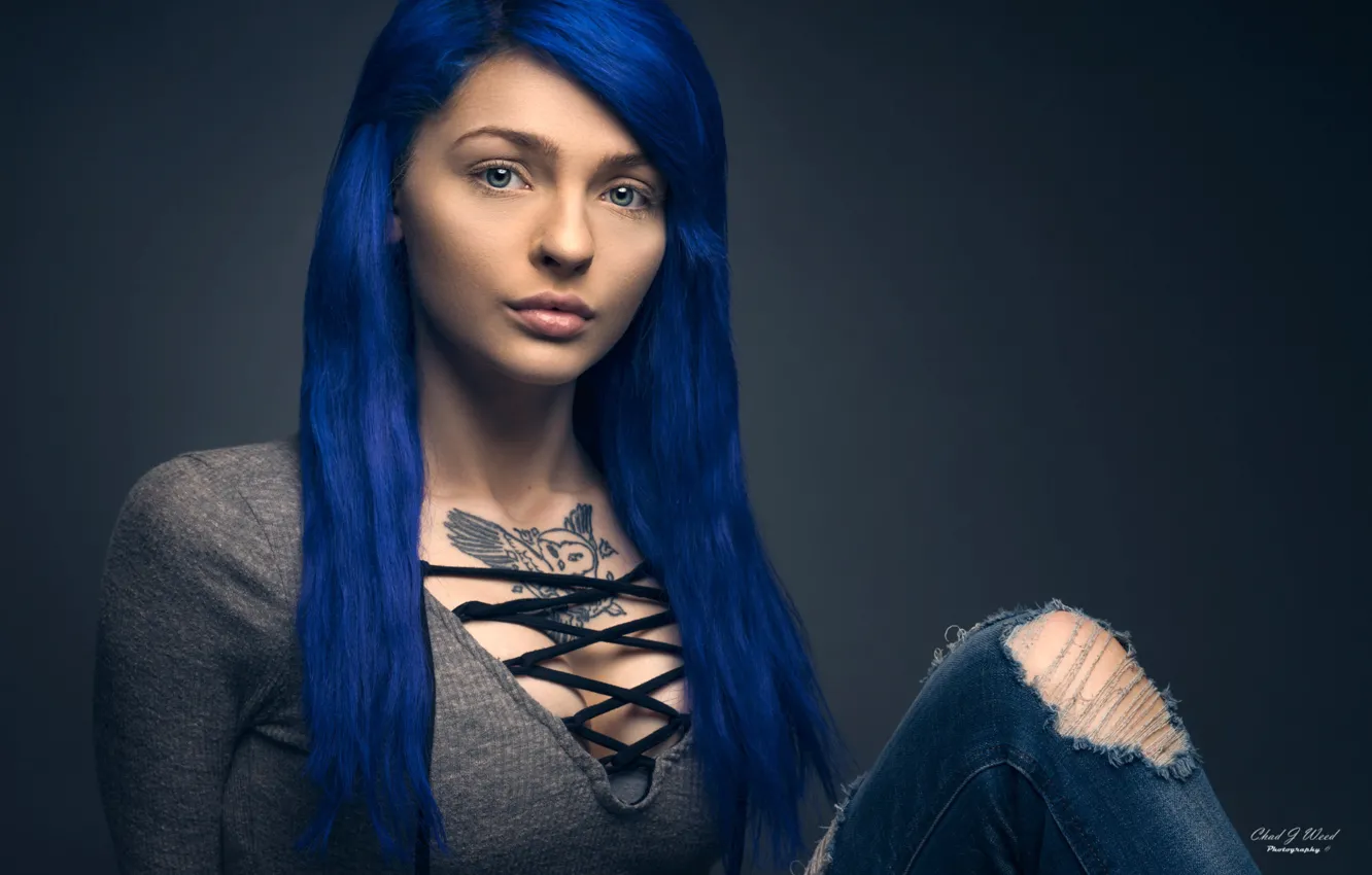 Photo wallpaper blue, background, model, hair, portrait, jeans, makeup, tattoo
