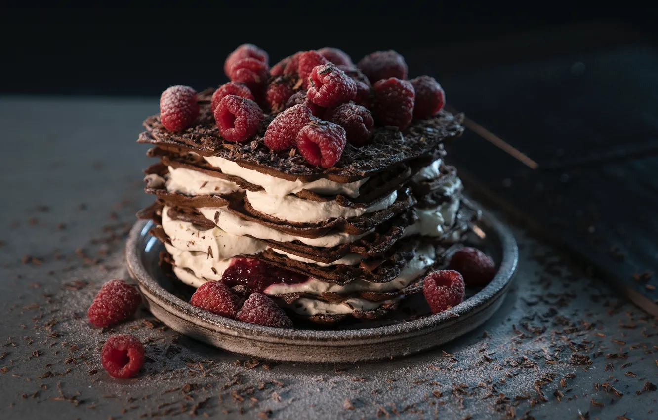 Photo wallpaper raspberry, chocolate, cream, dessert, cake