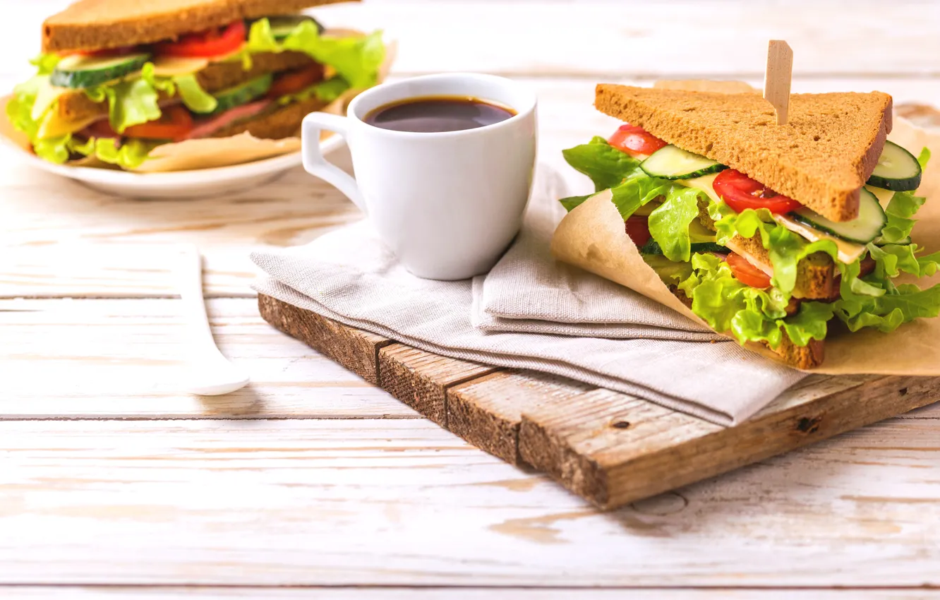 Photo wallpaper coffee, food, Breakfast, cheese, bread, vegetables, sandwiches