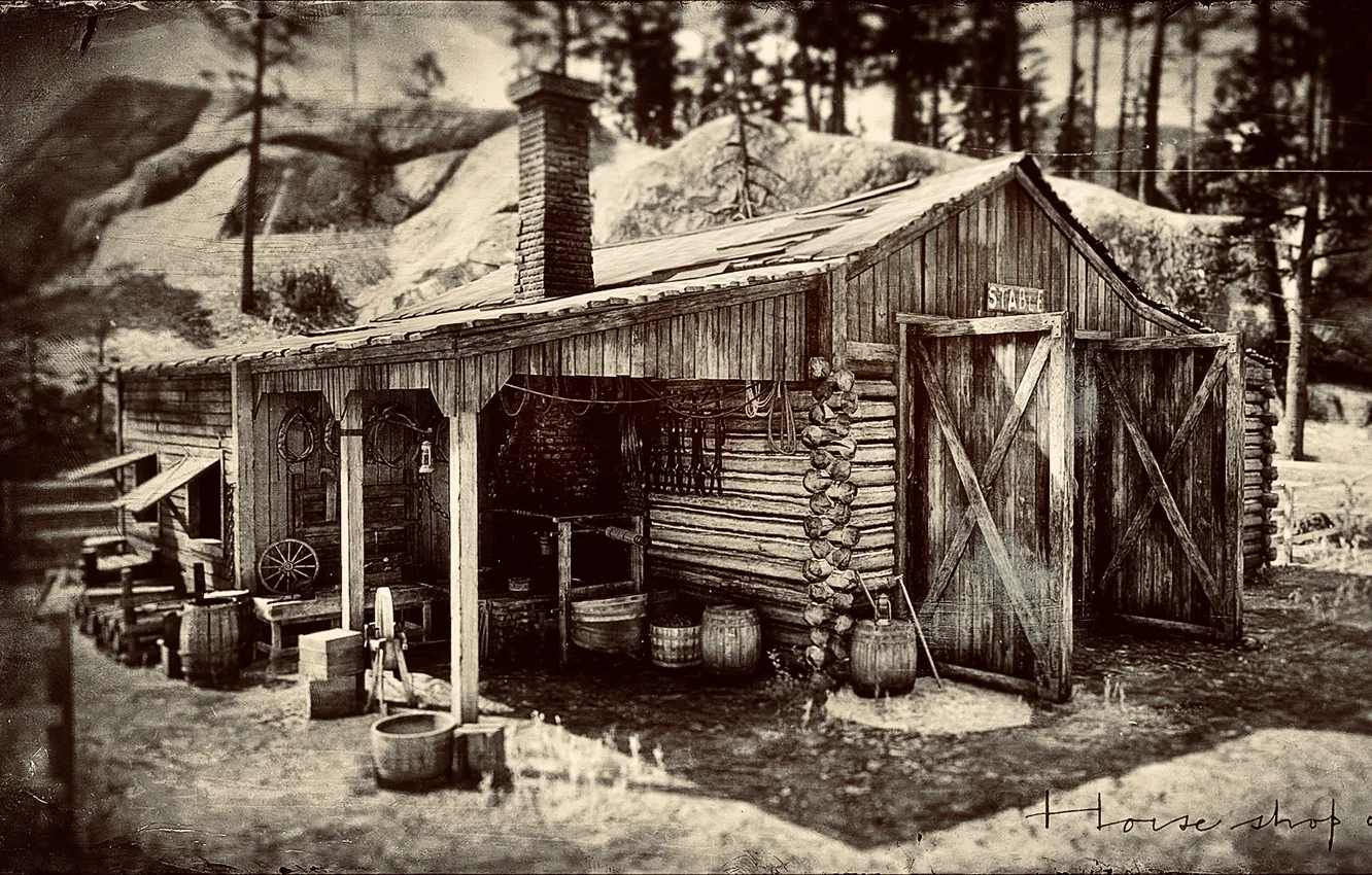 Photo wallpaper HDR, house, game, trees, wood, wheel, Oven, tool
