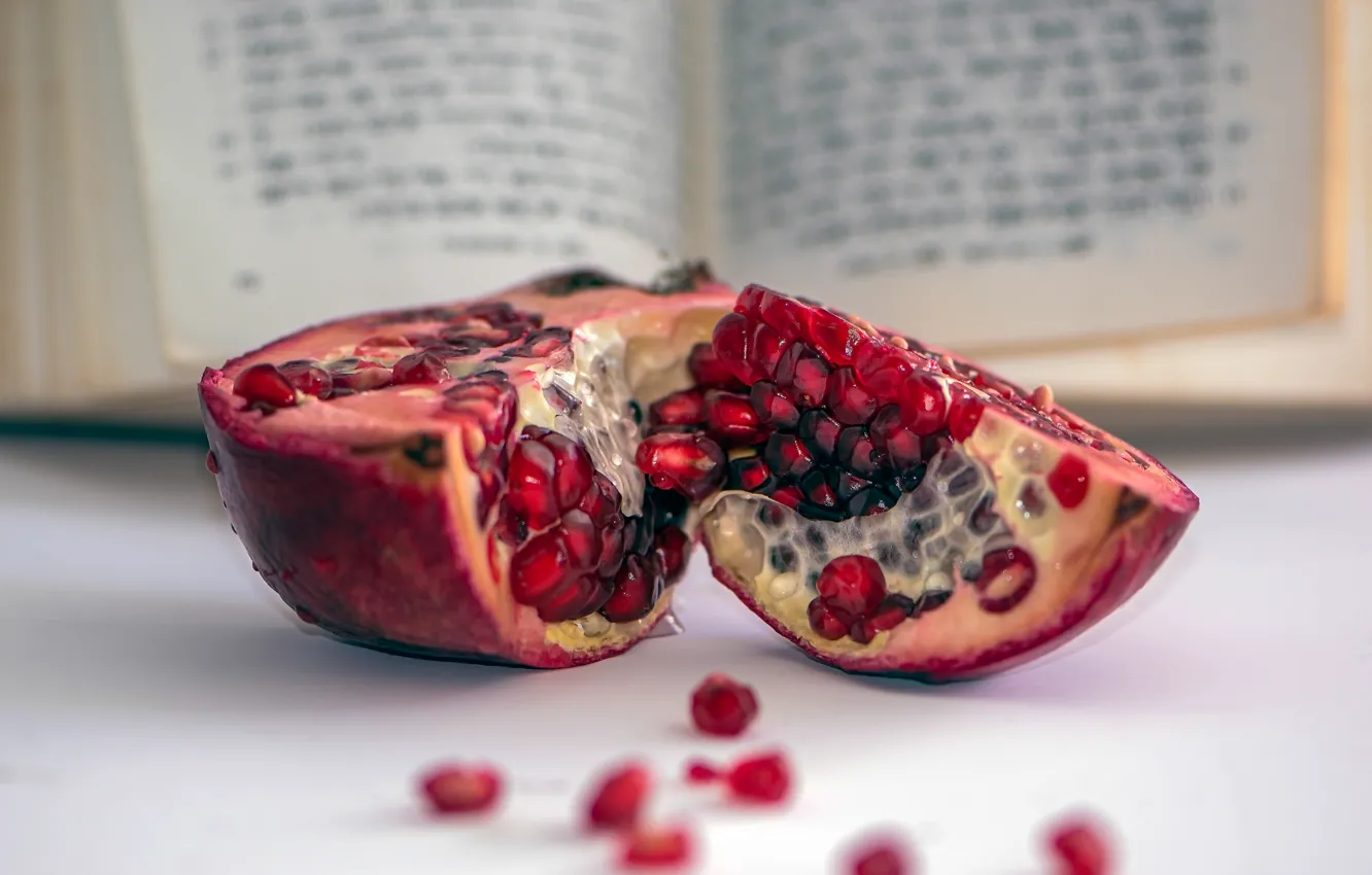 Photo wallpaper text, table, book, page, bokeh, garnet, opened, pomegranate grains