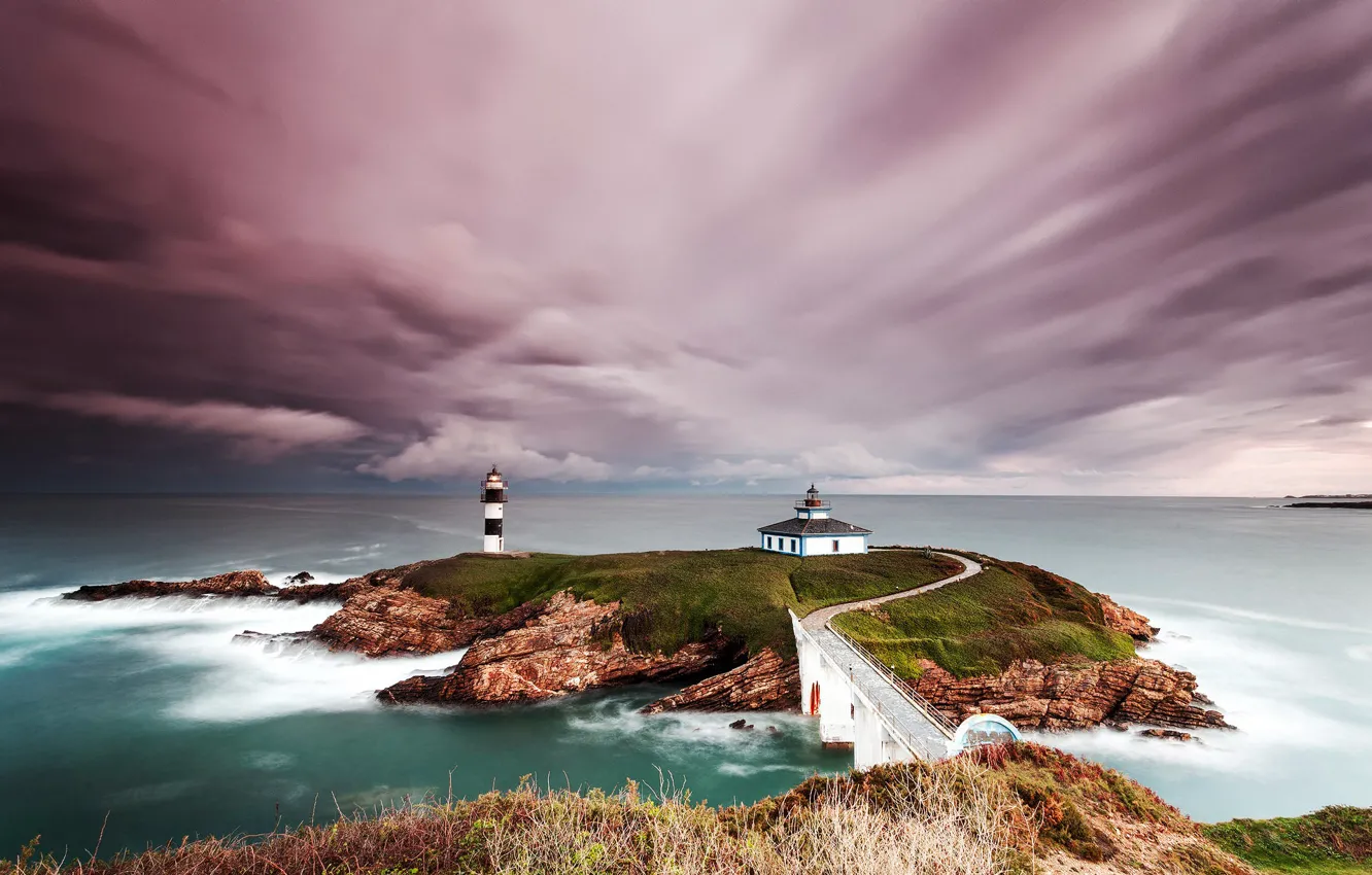 Photo wallpaper the sky, clouds, rocks, lighthouse, Spain