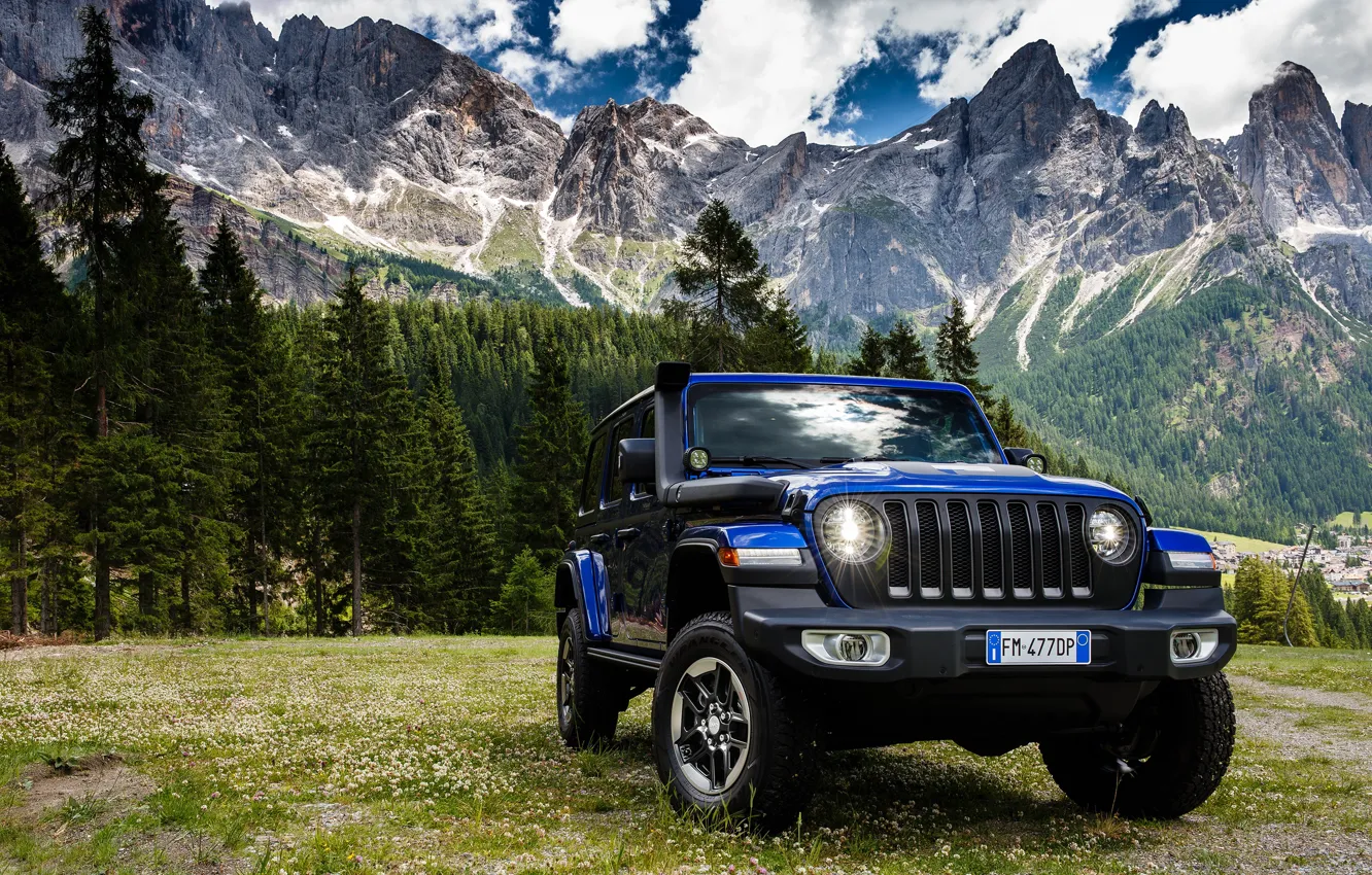 Photo wallpaper forest, mountains, lights, SUV, Jeep, Wrangler Unlimited Sahara