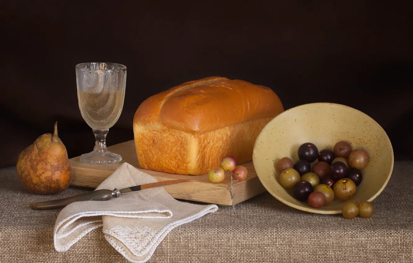 Photo wallpaper bread, grapes, pear, glass