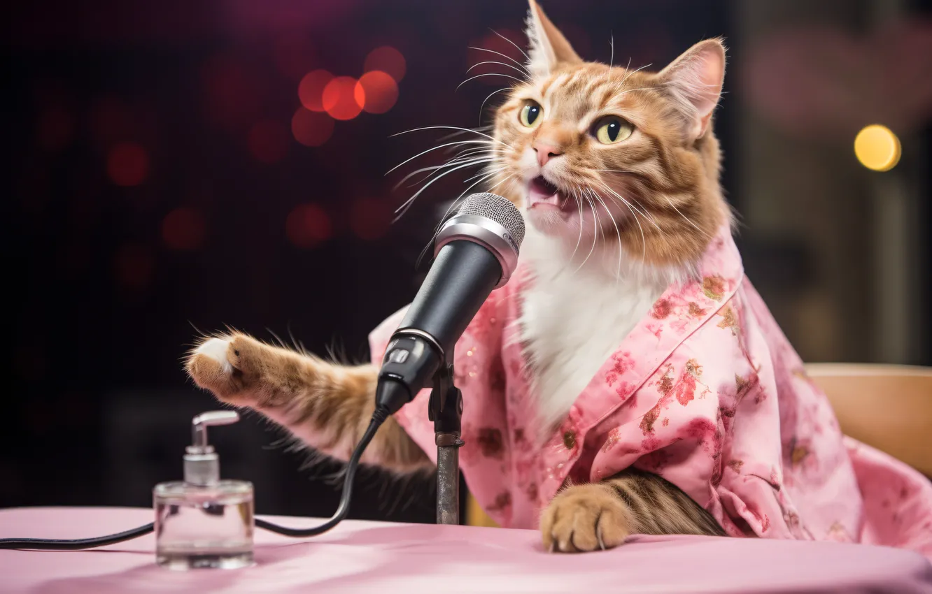 Photo wallpaper cat, look, pose, the dark background, table, legs, spirit, dress