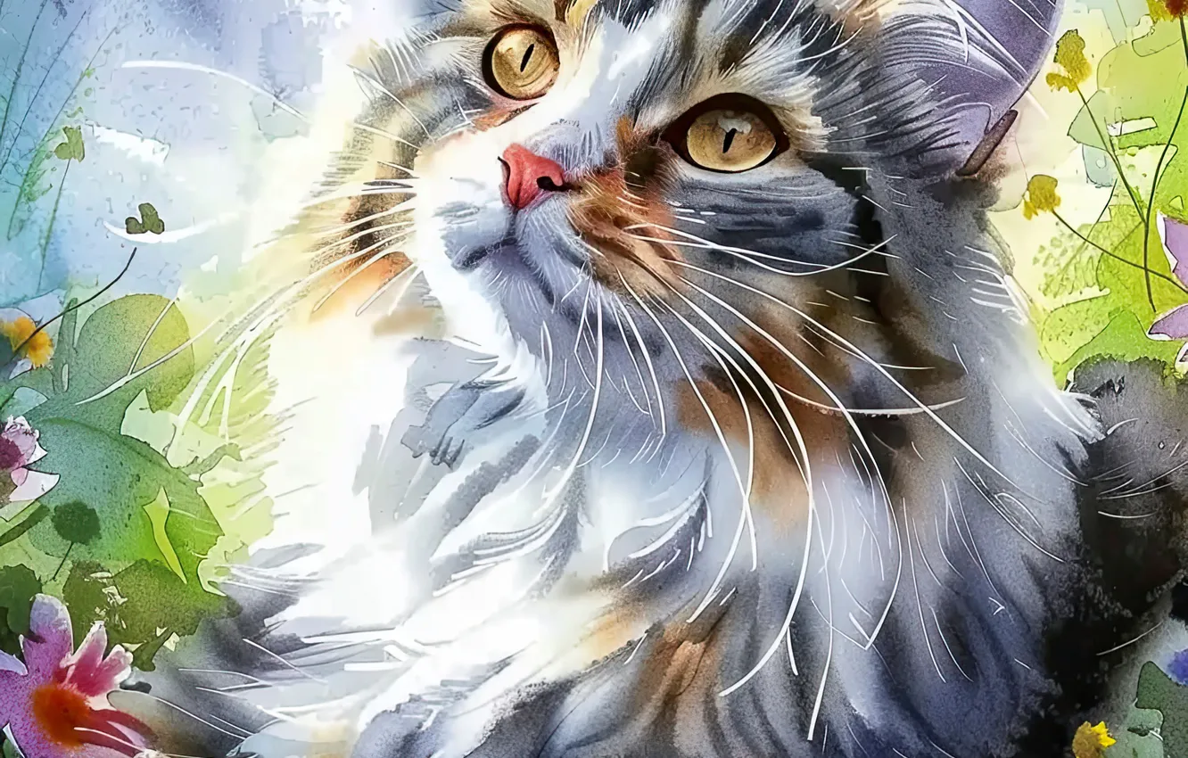 Photo wallpaper Look, Cat, Mustache, Cat, Face, Art, Digital art, AI art