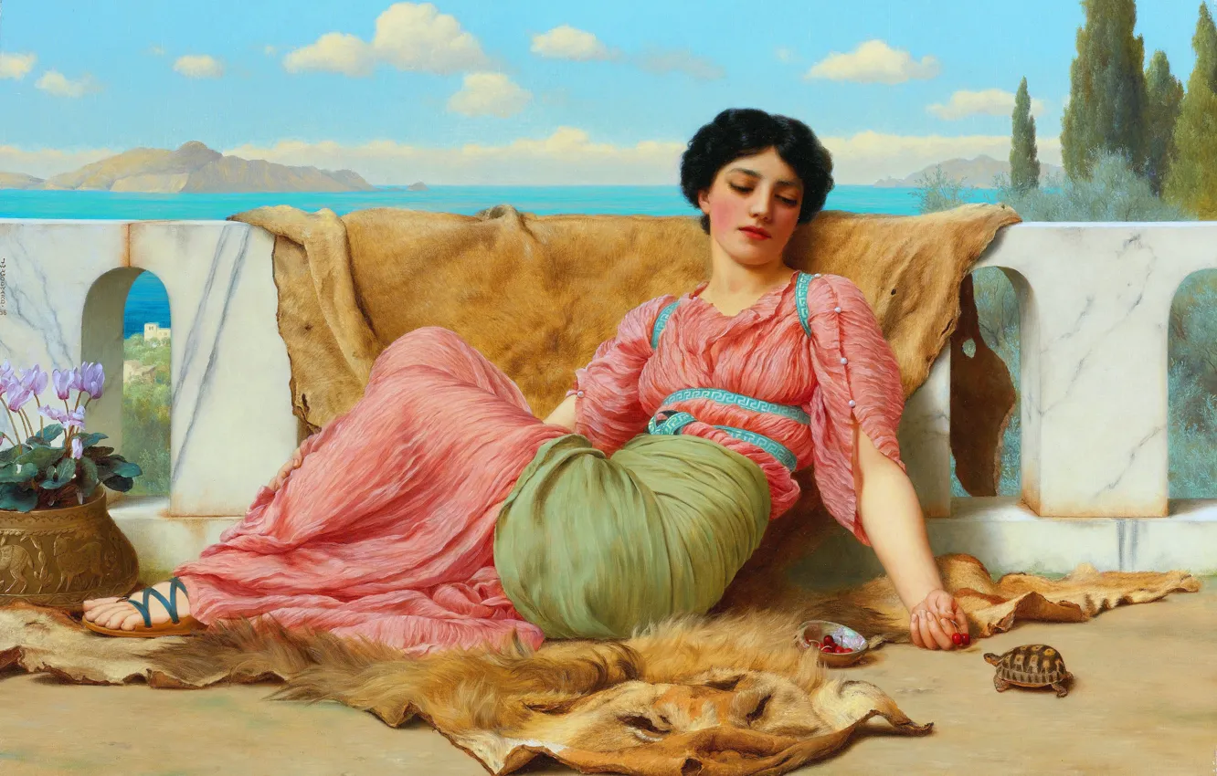 Photo wallpaper sea, girl, turtle, picture, dress, John William Godward, John William Godward, English neoclassical artist