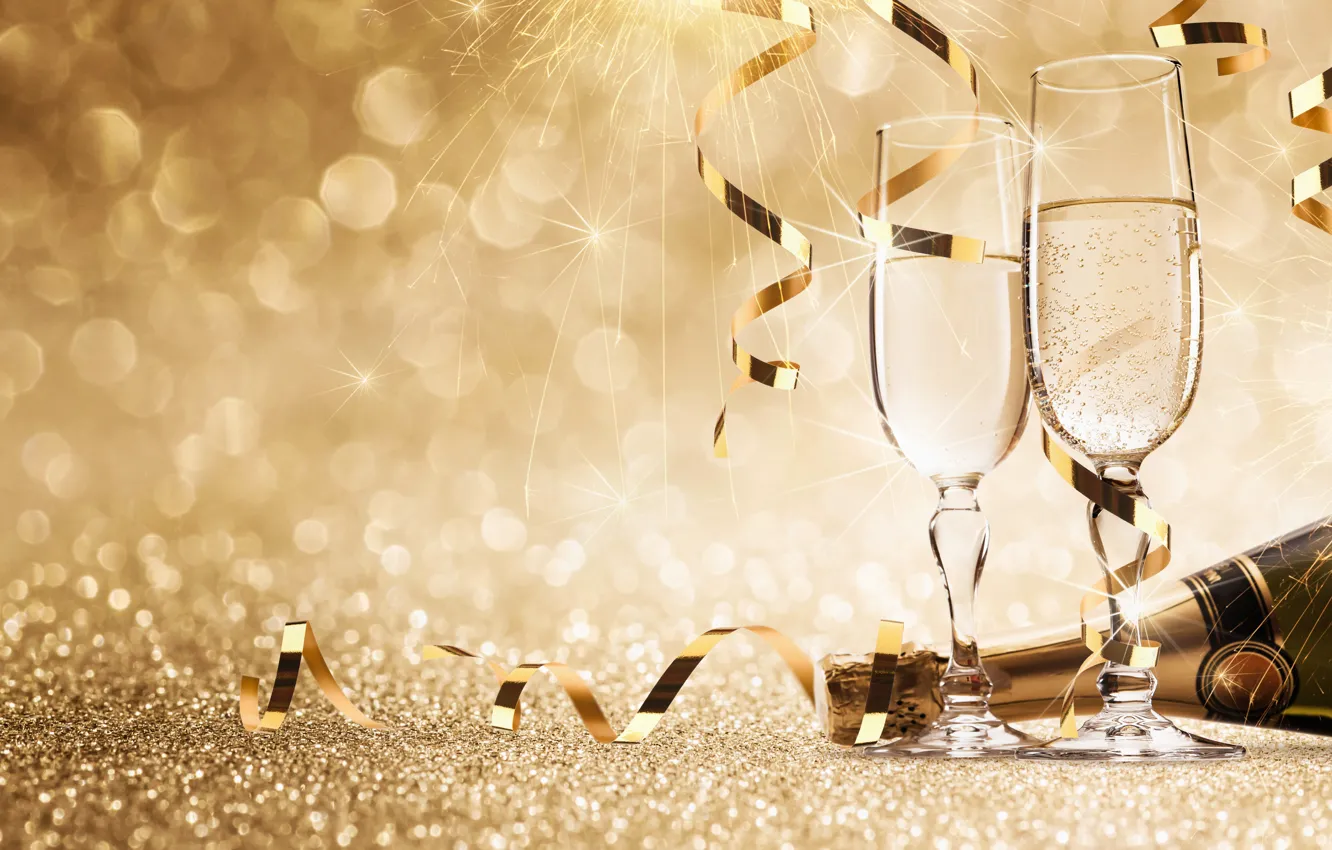 Photo wallpaper bottle, New Year, glasses, new year, champagne, happy, fireworks, glasses