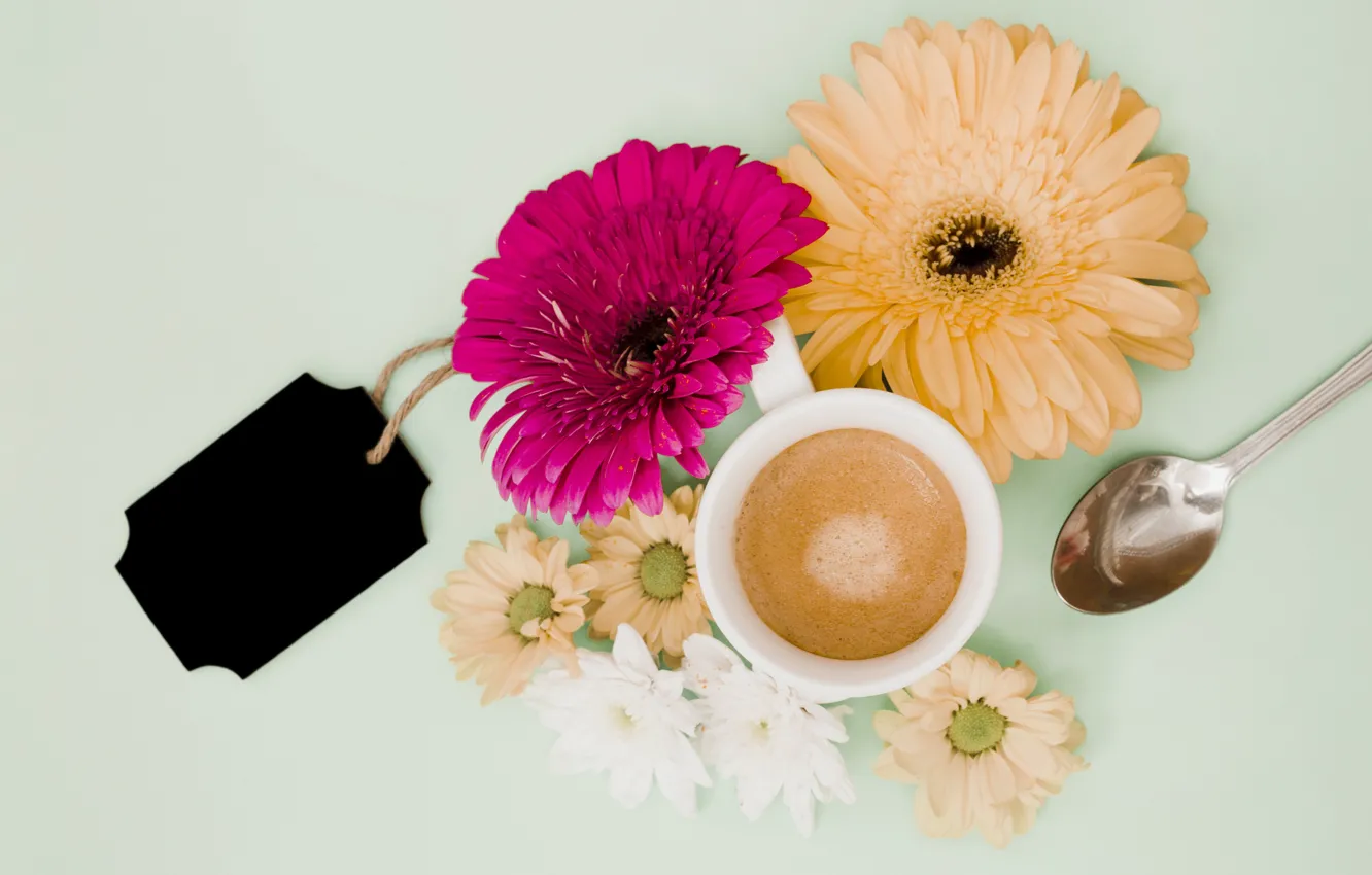 Photo wallpaper flowers, background, colorful, pink, gerbera, pink, flowers, coffee cup