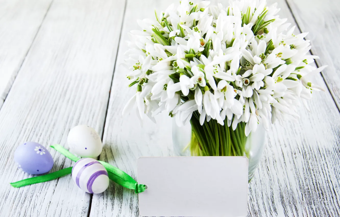 Photo wallpaper flowers, eggs, spring, colorful, snowdrops, Easter, wood, blossom