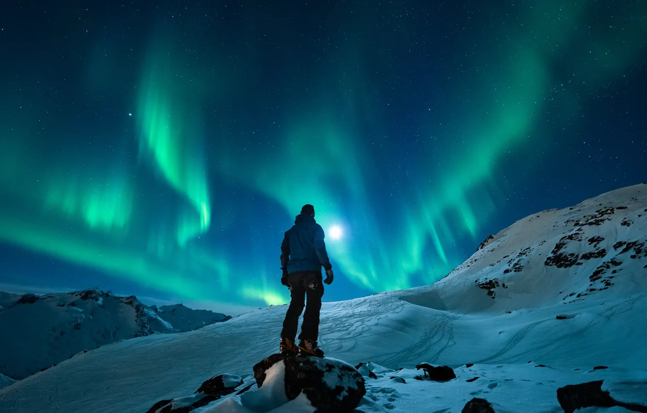 Photo wallpaper winter, the sky, snow, mountains, night, back, people, Northern lights