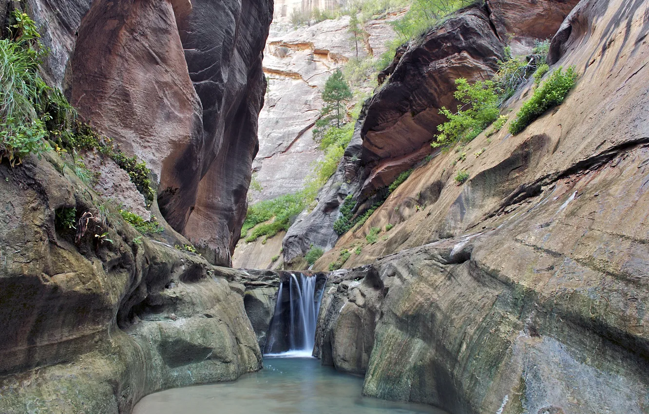 Photo wallpaper trees, river, stones, rocks, waterfall, canyon, gorge, Utah