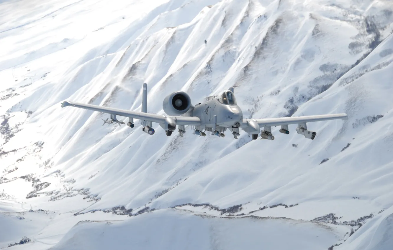 Photo wallpaper snow, flight, mountains, attack, A-10, Thunderbolt II, The thunderbolt II
