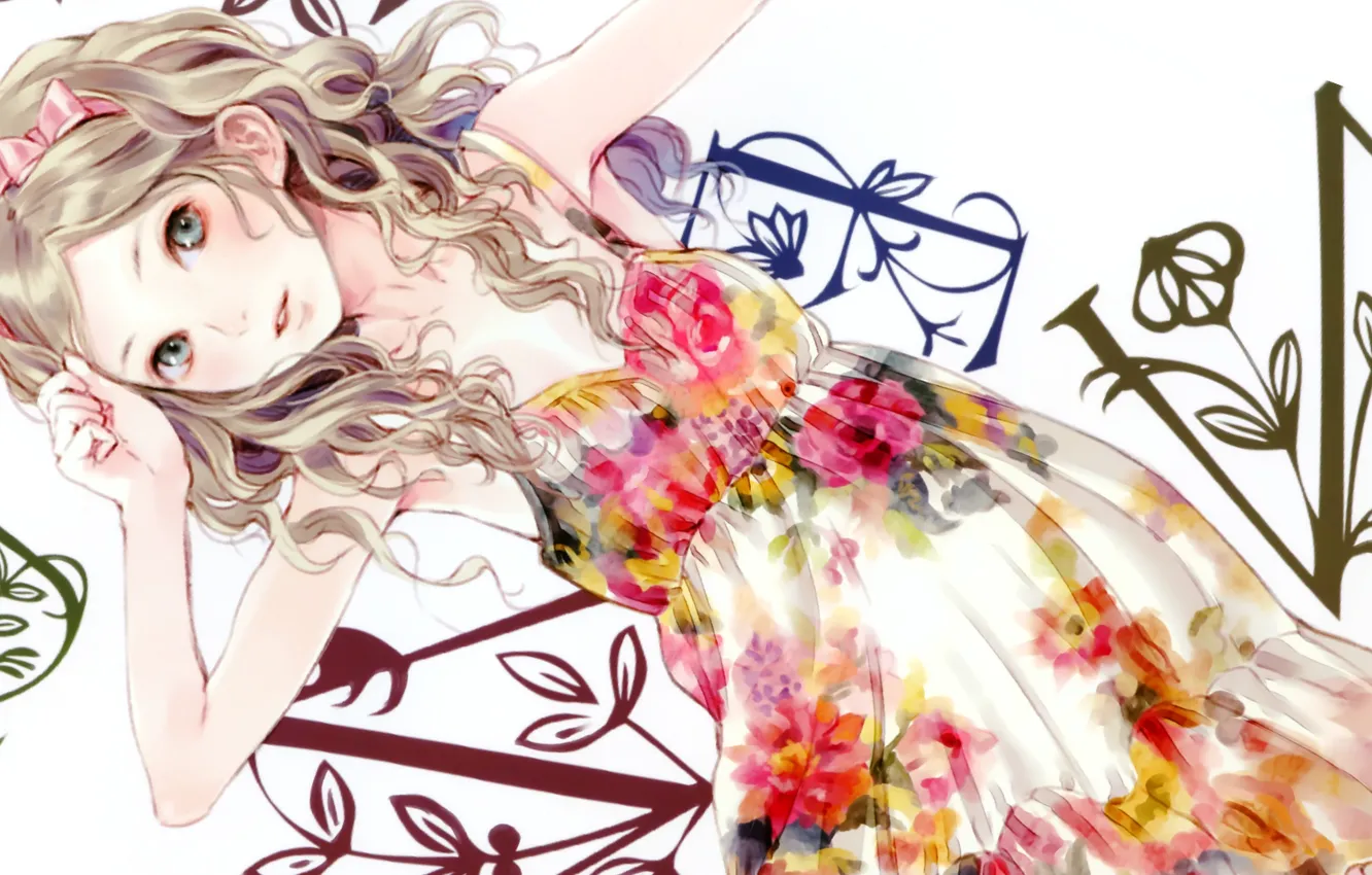 Photo wallpaper girl, letters, background, dress, art, tape, bow, kishida mel