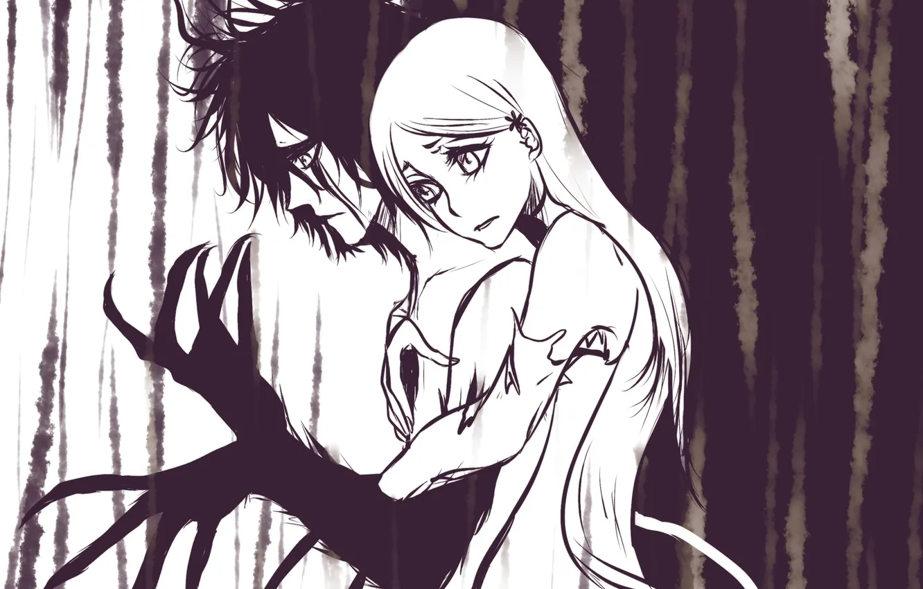 Photo wallpaper girl, anime, art, hugs, guy, Bleach, Ulquiorra Schiffer, inoue orihime