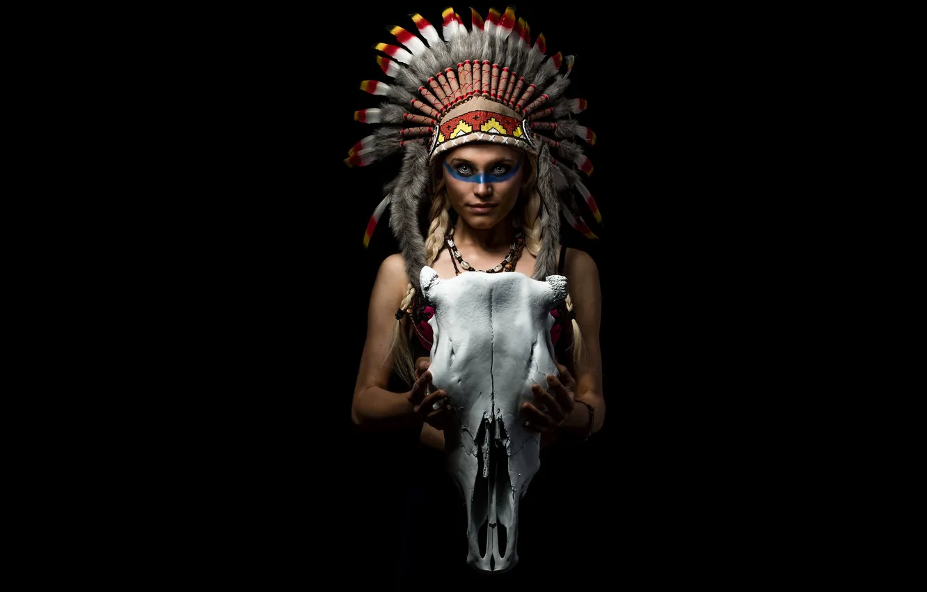 Photo wallpaper look, girl, face, style, skull, feathers, paint, headdress
