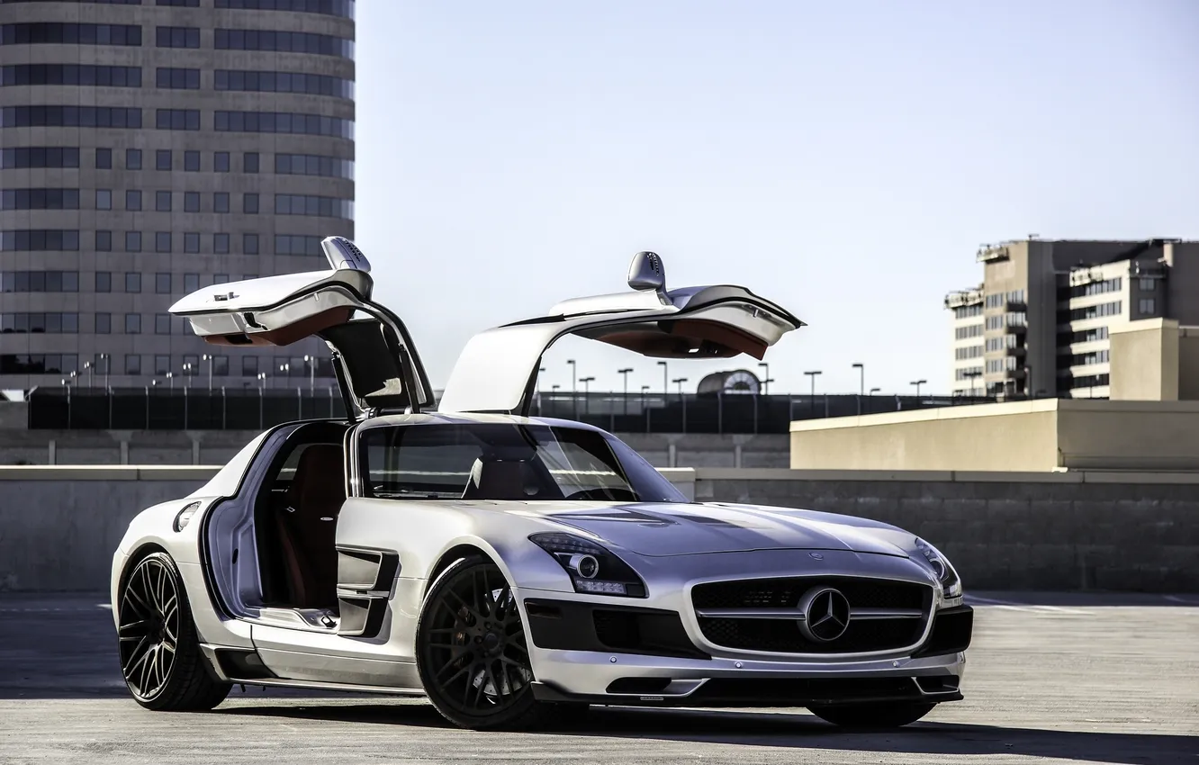 Photo wallpaper roof, building, silver, Parking, SLS AMG, Mercedes Benz, Mercedes Benz, silvery