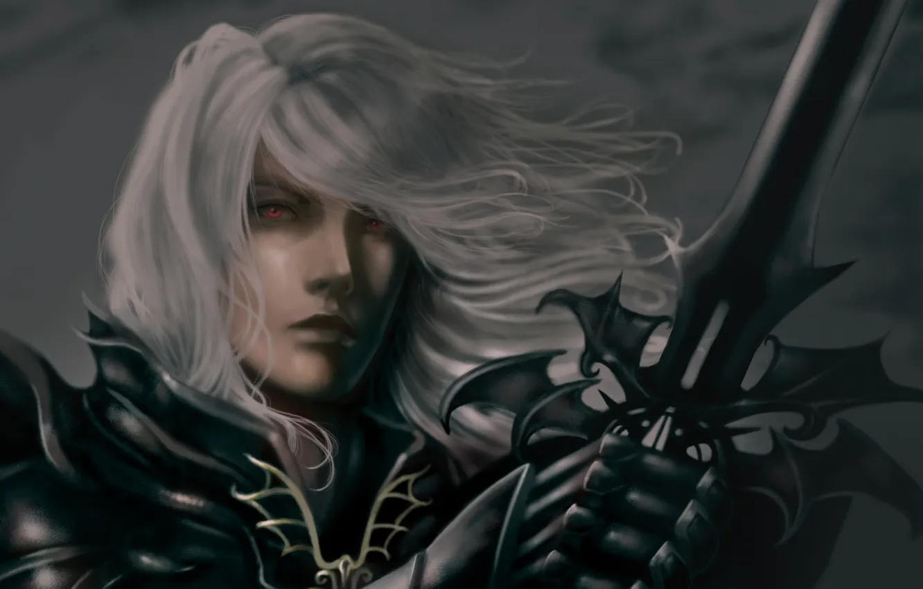 Photo wallpaper sword, male, red eyes, white hair