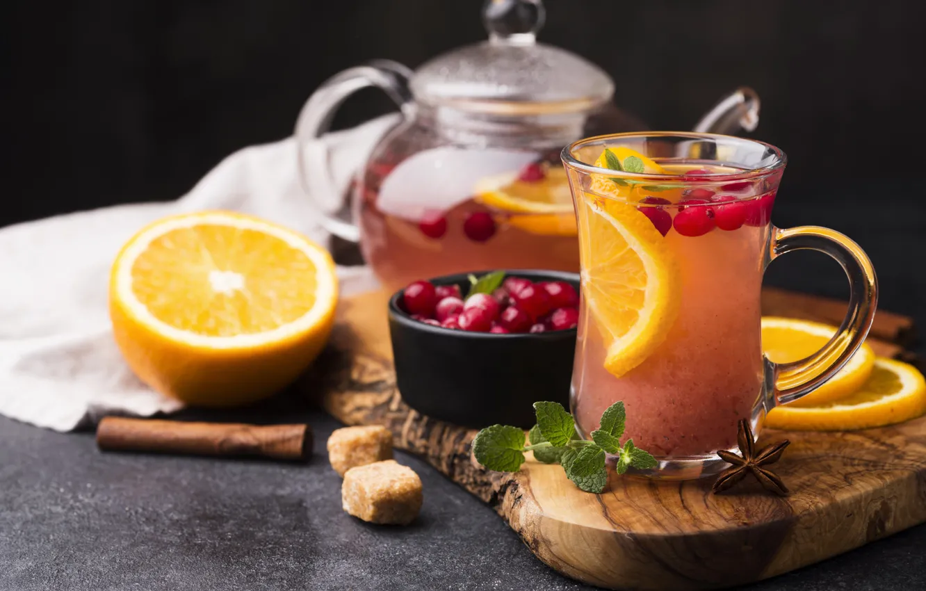Photo wallpaper berries, table, tea, orange, towel, kettle, the tea party, Cup