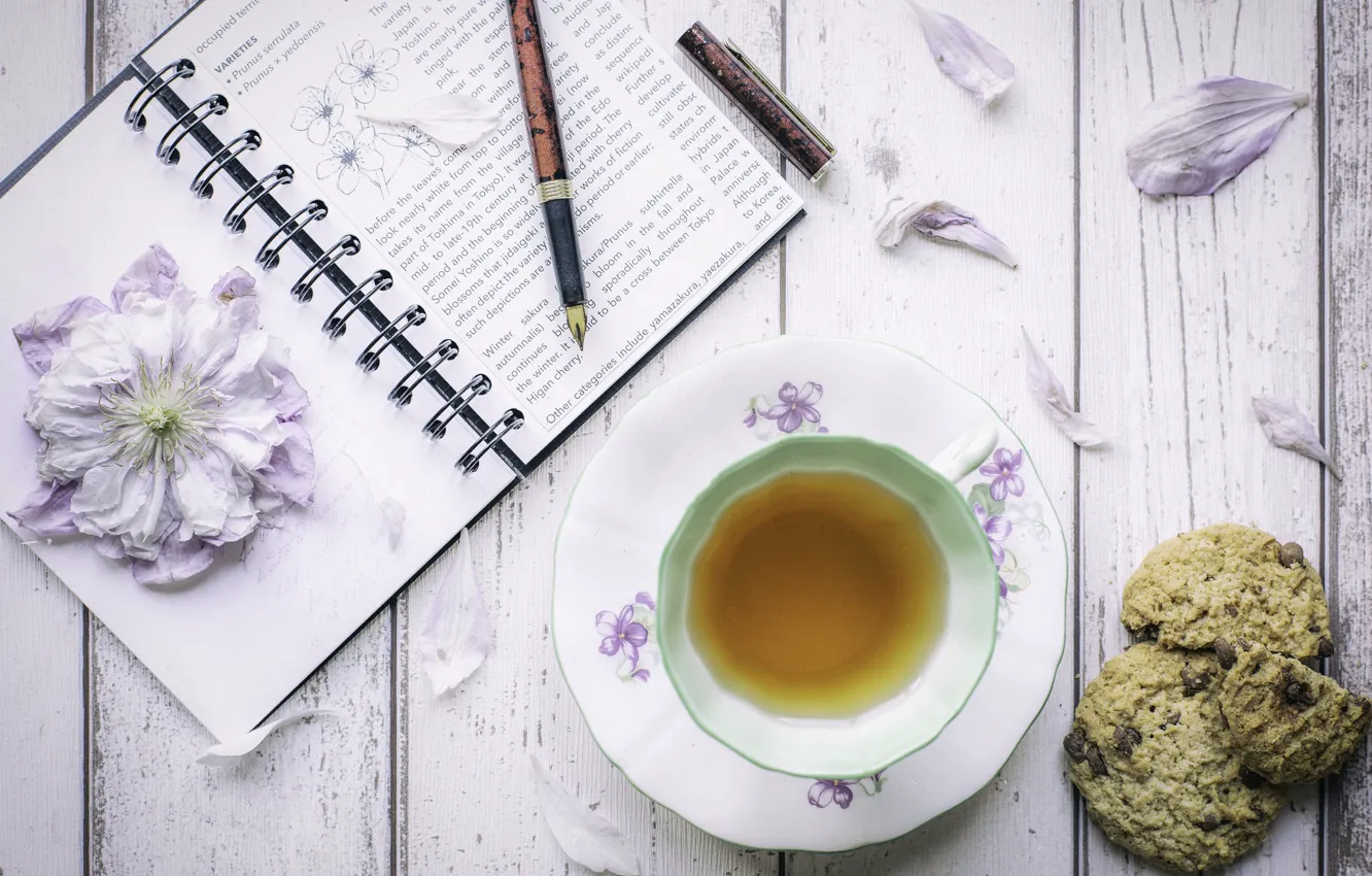 Photo wallpaper flowers, tea, cookies, handle