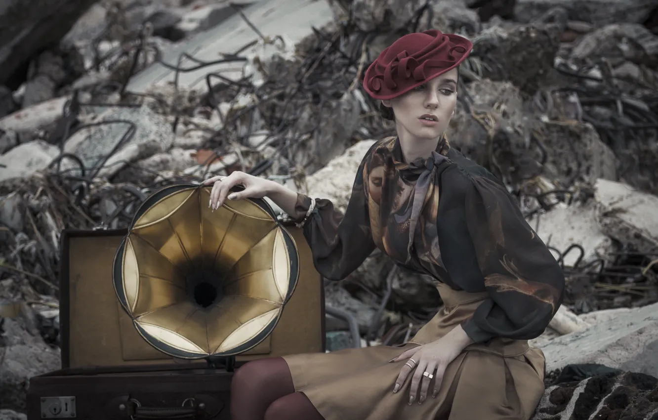 Photo wallpaper girl, style, gramophone