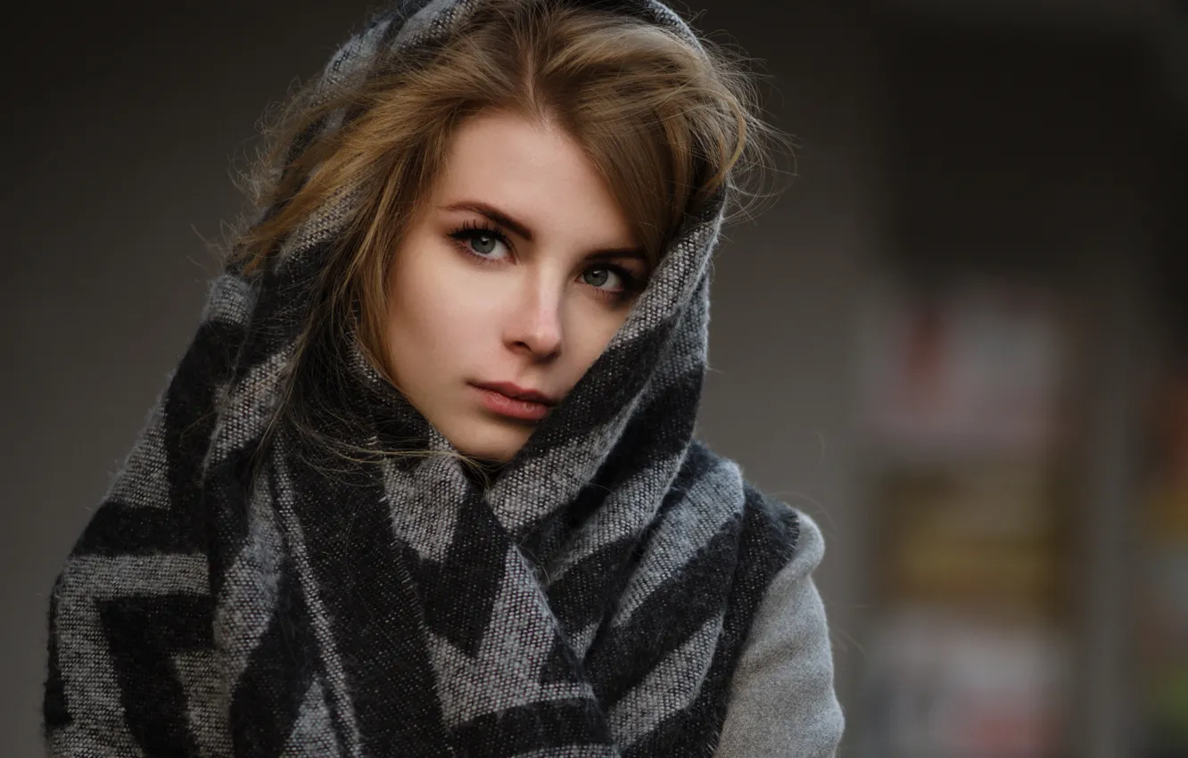 Photo wallpaper look, girl, face, clothing, portrait, light, scarf, brown hair