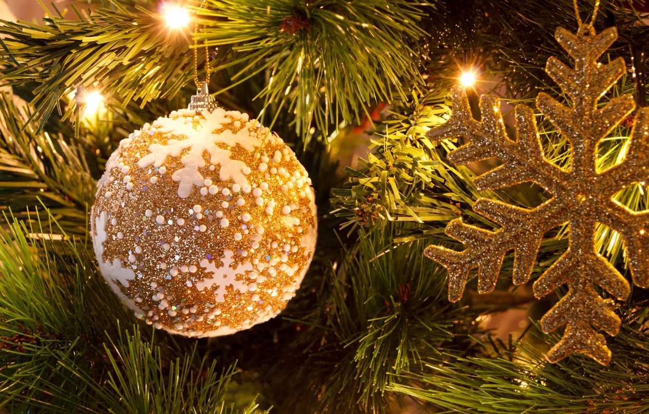 Photo wallpaper tree, ball, New Year, Christmas, golden, Christmas, New Year, ball