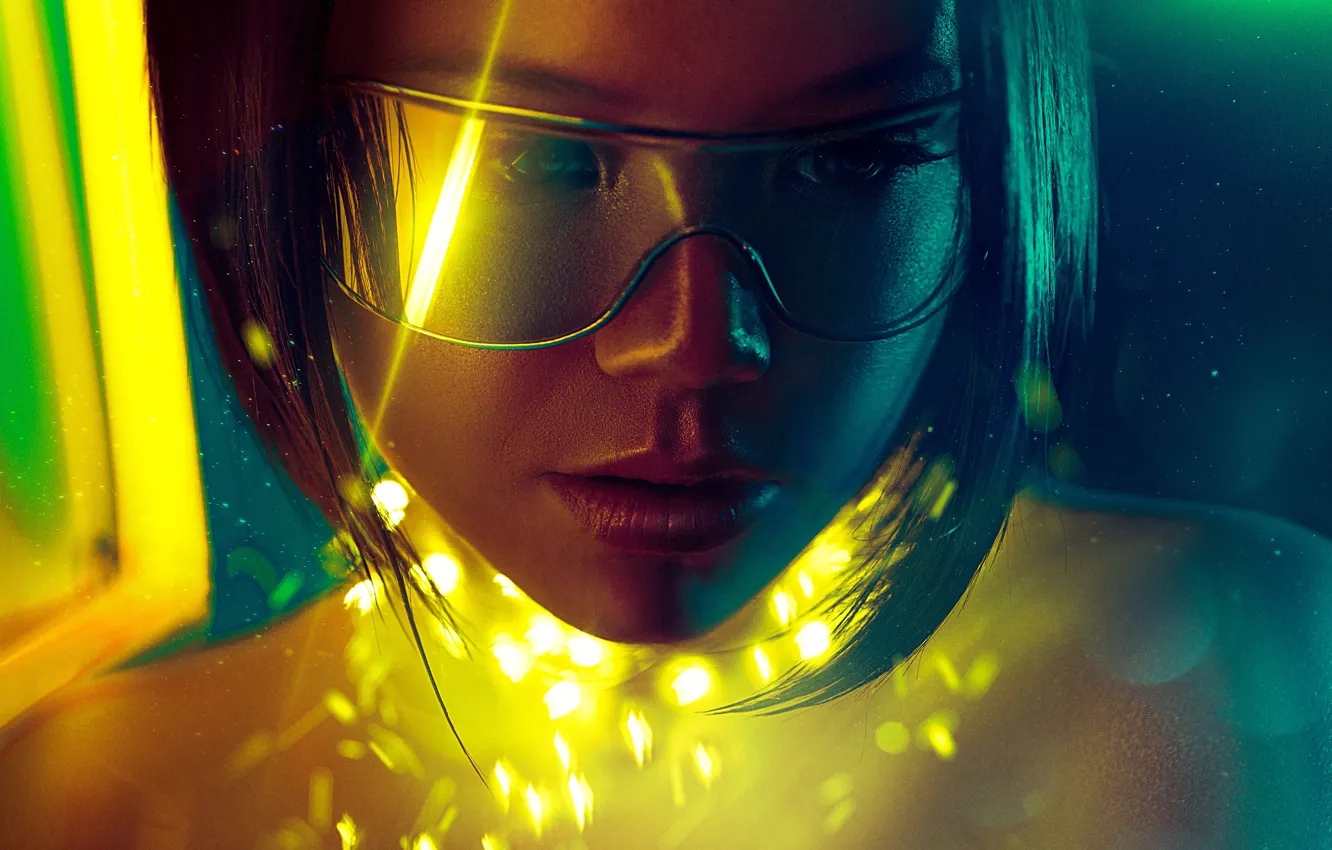Photo wallpaper look, girl, glasses, girl, cyborg, look, glasses, the world of the future