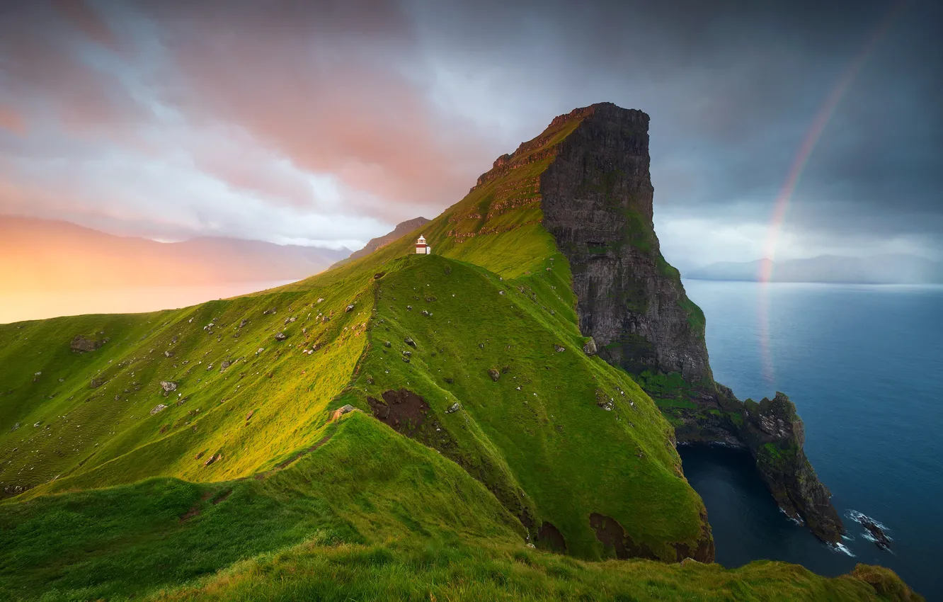 Photo wallpaper light, the ocean, lighthouse, rainbow, Faroe Islands