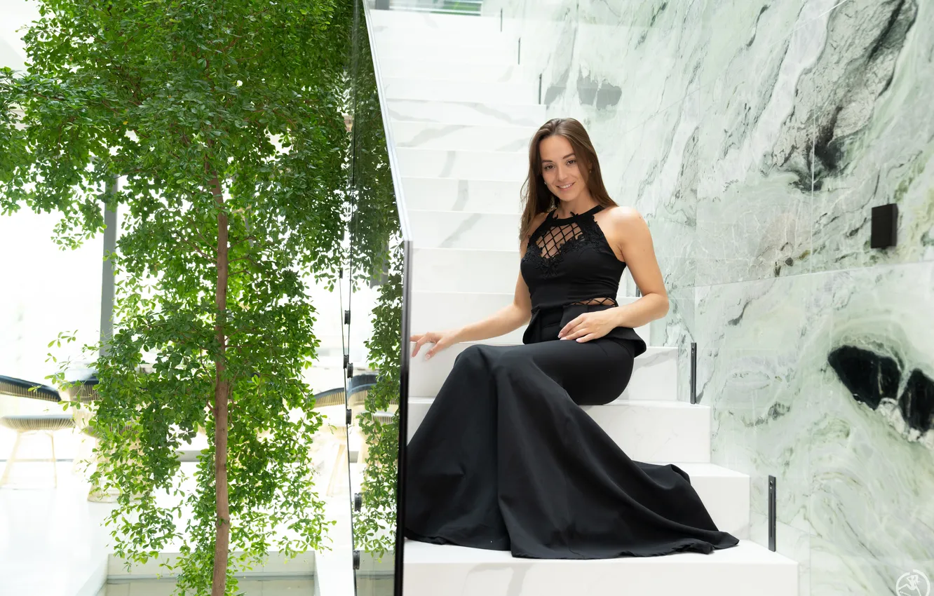 Photo wallpaper girl, dress, beautiful, pretty, cute, stairs