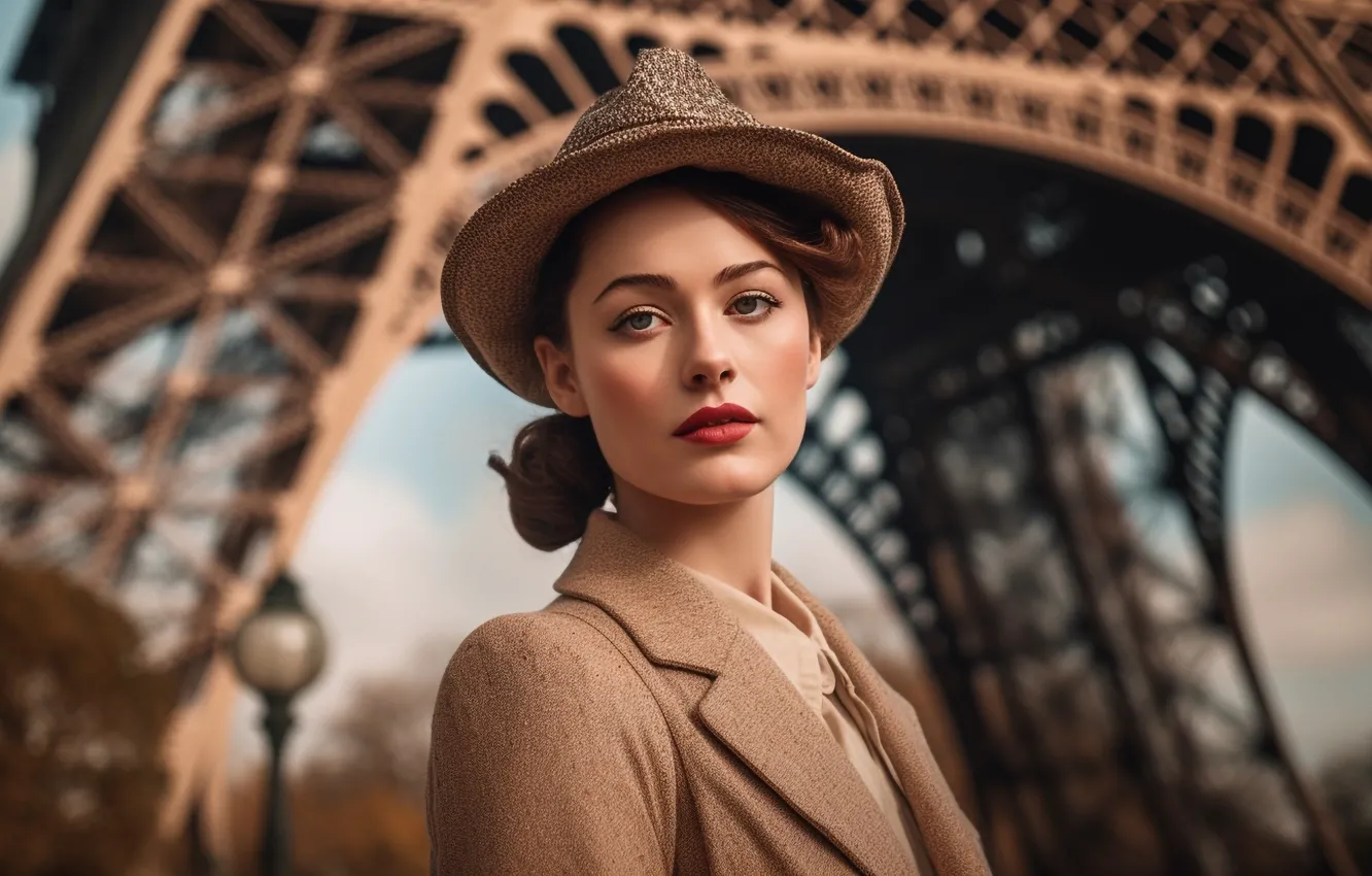 Photo wallpaper look, the art of artificial intelligence, France, Paris, AI art, Eiffel tower, face, red lipstick