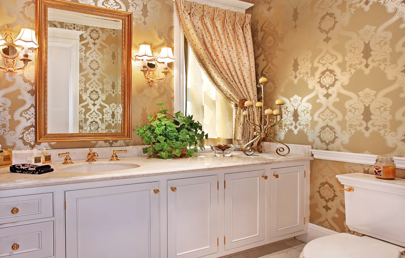 Photo wallpaper interior, candles, mirror, bath, lamp, luxury, cabinets