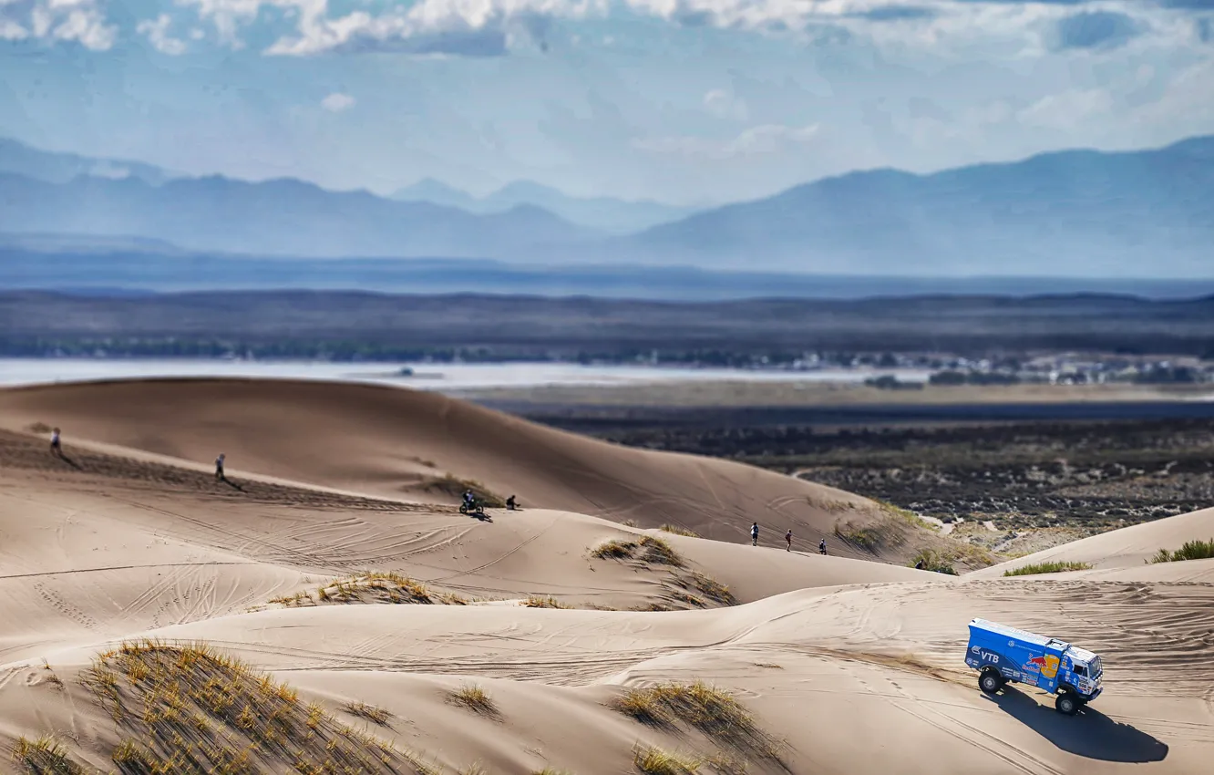 Photo wallpaper Sand, Mountains, Blue, Truck, Red Bull, The view from the top, Kamaz, Rally