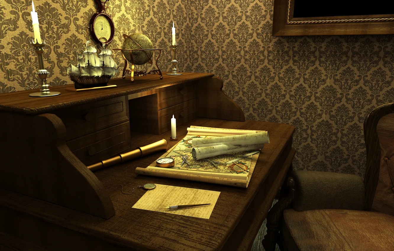 Photo wallpaper table, room, Wallpaper, watch, ship, map, picture, candles