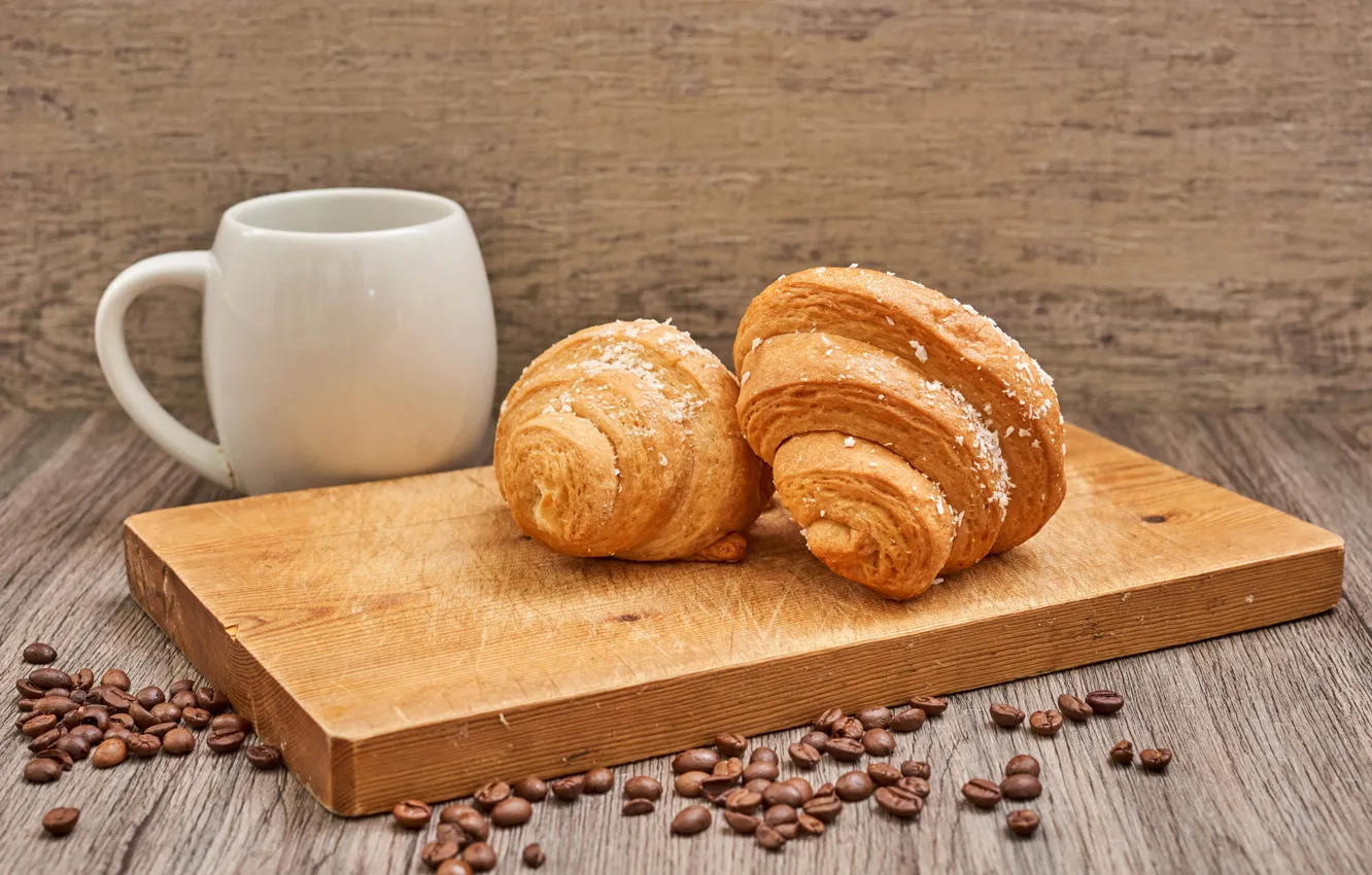 Photo wallpaper Board, coffee, grain, mug, bokeh, croissant