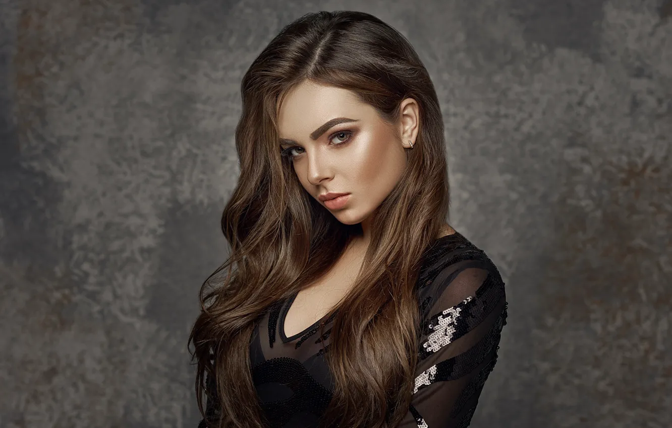 Photo wallpaper look, background, model, portrait, makeup, dress, hairstyle, brown hair