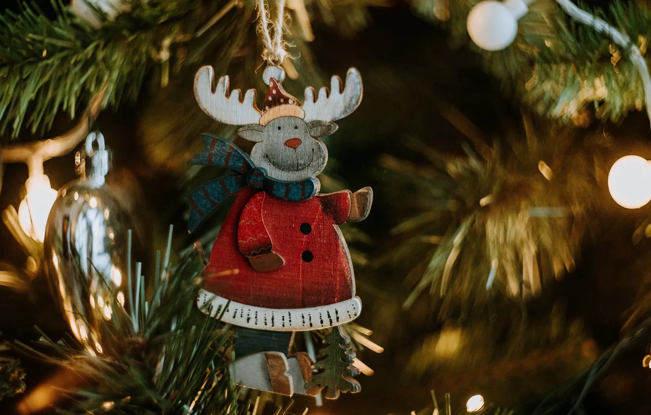 Photo wallpaper winter, branches, lights, holiday, toy, tree, new year, deer