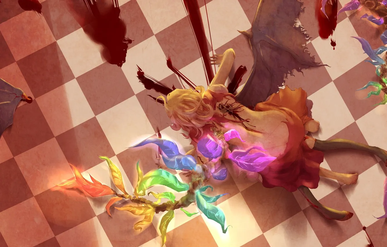 Photo wallpaper blood, the victim, wings, fight, spot, touhou, torn clothes, cruelty