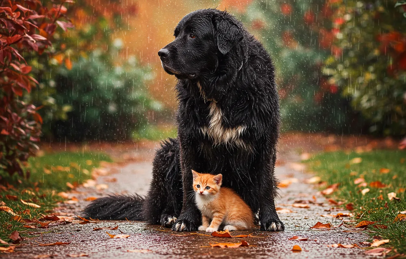 Photo wallpaper rain, dog, kitty