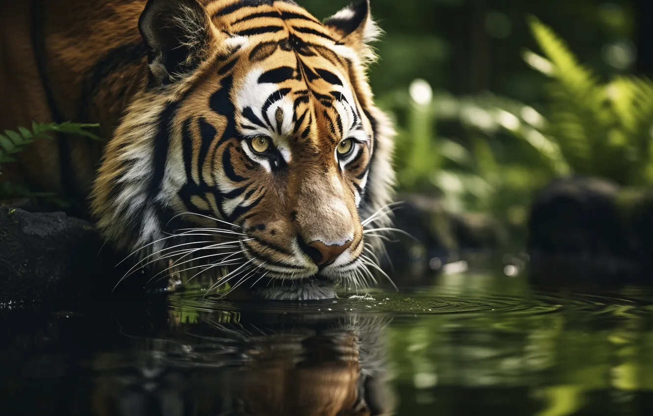 Photo wallpaper look, face, water, tiger, predator, jungle, big cat, digital art
